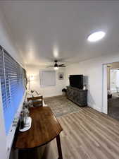 Living area with light wood finished floors and a ceiling fan
