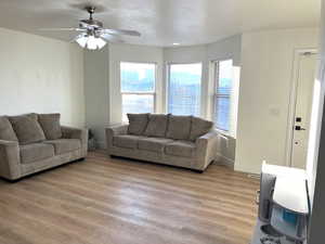 Living room featuring healthy amount of natural light, light wood-style flooring, and a ceiling fan