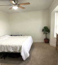 Bedroom featuring light colored carpet, ornamental molding, and ceiling fan