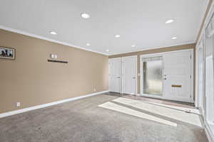 Unfurnished bedroom with crown molding, recessed lighting, carpet, and a textured ceiling