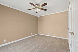 Empty room featuring crown molding, light carpet, and a ceiling fan