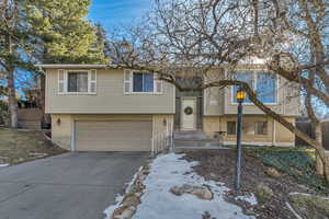 Raised ranch featuring brick siding, driveway, and an attached garage