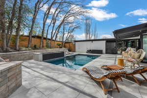View of swimming pool featuring a fenced backyard and a patio area
