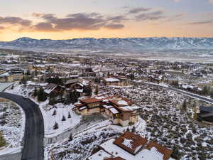 Aerial view at dusk of a residential view and a mountain view