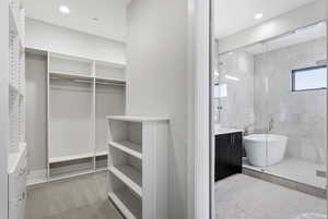 Bathroom with vanity, a soaking tub, a spacious closet, a shower stall, and recessed lighting