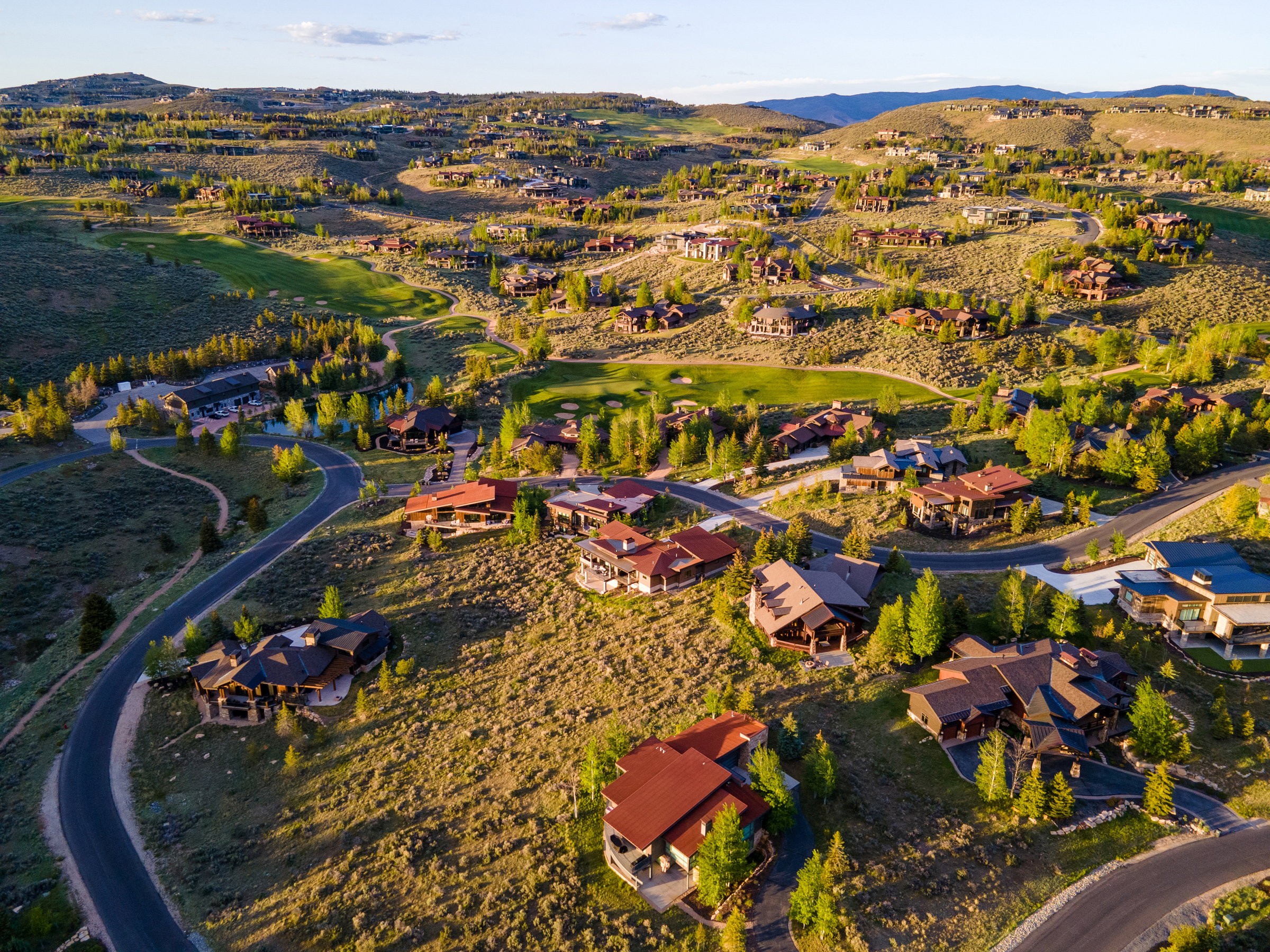 Expansive residential development featuring varied architectural styles and mature landscaping
