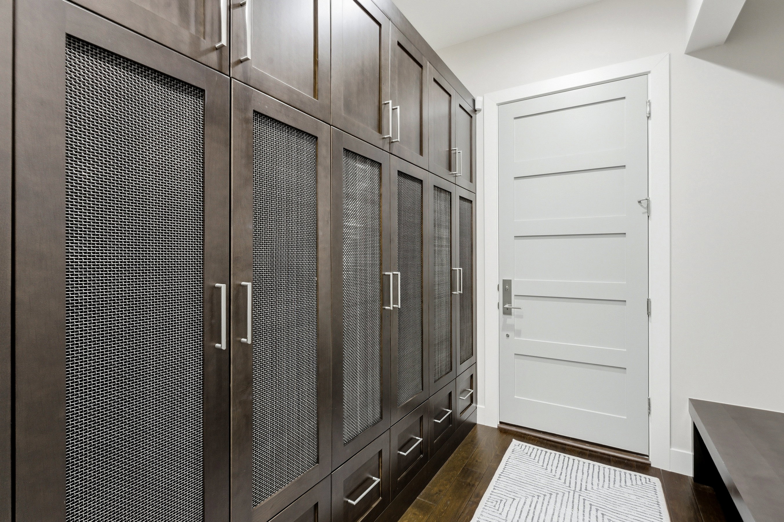 Extensive built-in cabinetry featuring dark wood-finish doors and metal mesh inserts