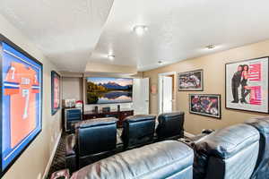 Cinema room with a textured ceiling and carpet