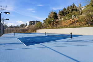 View of pickleball courts with lights and basketball hoops.