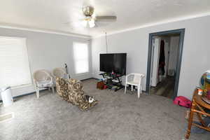 Living room with a textured ceiling, crown molding, a ceiling fan, and carpet