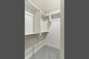 Spacious closet featuring light colored carpet