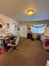 Primary Bedroom with carpet flooring, a textured ceiling, and a closet