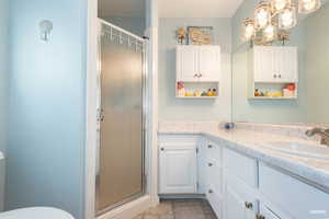 Full bathroom featuring vanity, a chandelier, and a stall shower