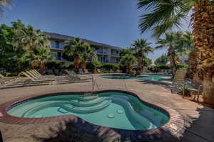 Community pool with a patio area and a community hot tub