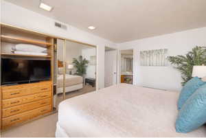 Bedroom featuring light carpet, a textured ceiling, and a closet