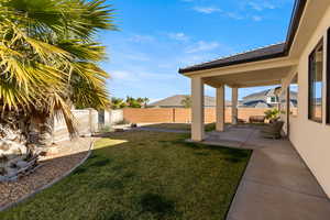 Fenced backyard with a patio