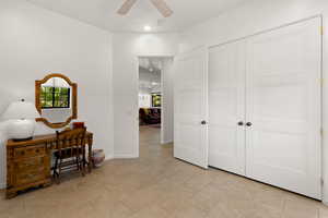 Office area with recessed lighting, ceiling fan, and light tile patterned flooring
