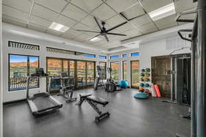 Gym featuring a drop ceiling and a ceiling fan