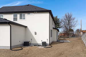 Rear view of house with stucco siding and a shingled roof