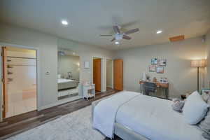 Bedroom featuring recessed lighting, wood finished floors, and a ceiling fan
