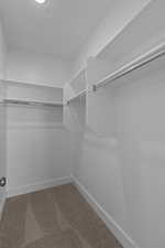 Spacious closet with light carpet