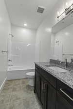 Full bathroom with vanity, shower / tub combination, and light tile patterned flooring
