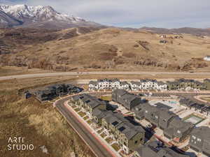 Aerial perspective of suburban area featuring a mountain backdrop