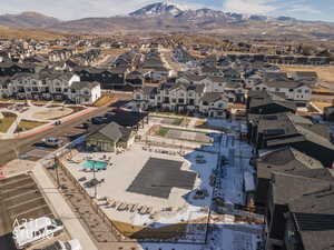 Aerial view of residential area with a mountain backdrop