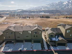 Bird's eye view of a mountainous background