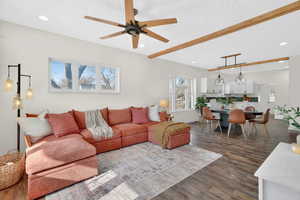 Living area featuring recessed lighting, dark wood finished floors, a ceiling fan, and a textured ceiling