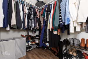 Walk in closet with dark wood-style floors