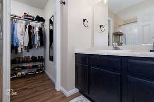 Bathroom with vanity, dark wood-style flooring, a shower with shower curtain, and a spacious closet