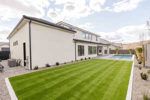 Rear view of property featuring a patio area, a fenced backyard, and stucco siding