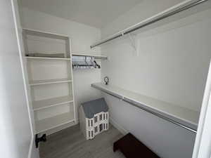 Walk in closet with dark wood finished floors