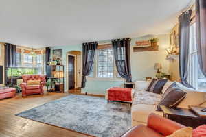 Living area with hardwood / wood-style flooring and arched walkways