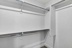 Walk in closet featuring dark colored carpet