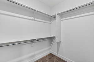 Walk in closet featuring dark carpet