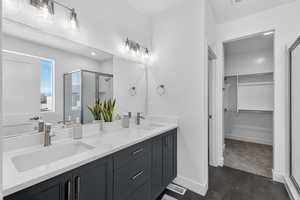 Bathroom featuring double vanity, a walk in closet, and a stall shower