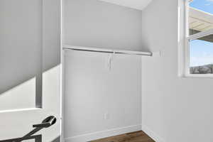 Walk in closet with dark wood-style floors