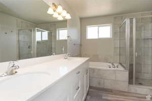 Previously built home, same floorplan. Full bath featuring double vanity, a bath, a stall shower, and healthy amount of natural light