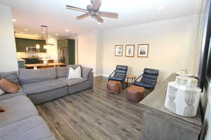 Living area with recessed lighting, dark wood-style flooring, and ceiling fan