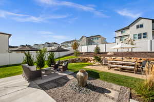 Fenced backyard with an outdoor living space, a patio, and a residential view