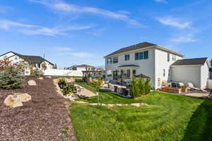 Back of property featuring a patio area, a fenced backyard, stucco siding, and a residential view