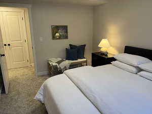 Bedroom with carpet flooring and baseboards
