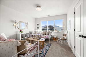Living room with a mountain view, a textured ceiling, and carpet