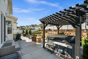 Fenced backyard with a patio, a hot tub, a pergola, a residential view, and outdoor lounge area