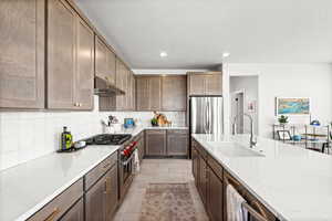 Kitchen featuring stainless steel appliances, recessed lighting, light stone countertops, decorative backsplash, and under cabinet range hood