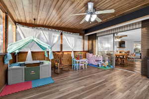 Sunroom with wooden ceiling, wood finished floors, and wood walls