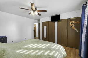 Unfurnished bedroom with two closets, light wood-style flooring, and a ceiling fan