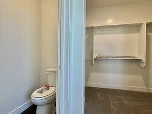 Bathroom with dark colored carpet and a spacious closet